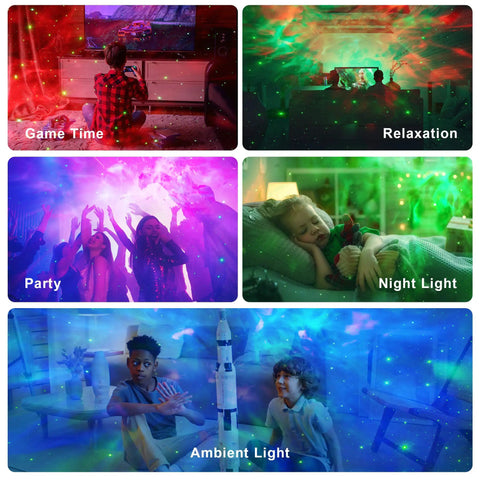 Collage of Nebula Star Projector Galaxy Light with Remote and Timer, Astronaut Night Light for Kids and Adults in various settings.