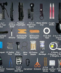 All-In-One 175-Piece Survival Kit With First Aid for Outdoor Adventures and Emergencies displayed with tools and first aid items