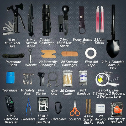 All-In-One 175-Piece Survival Kit With First Aid for Outdoor Adventures and Emergencies displayed with tools and first aid items
