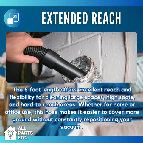 Replacement 5 Foot Hose For Oreck XL Canister Vacuums And Handheld Units being used to clean vents, extended reach shown.