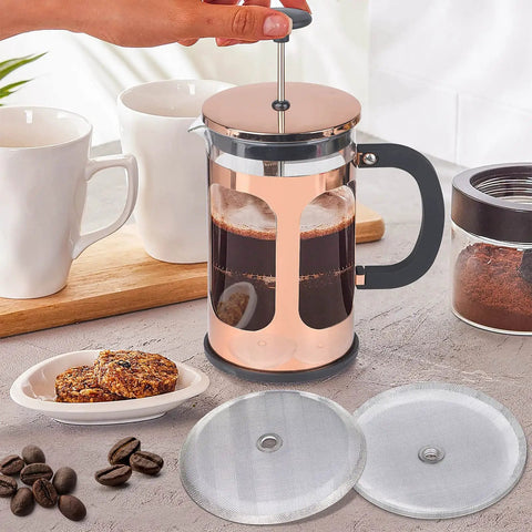 Six Piece Replacement French Press Filter Set Four Inch Stainless Steel Mesh Screens Ultra Fine 100 Mesh displayed with French press