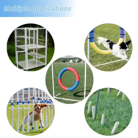 Image showing uses of One Inch PVC Pipe Set Ten Pieces Schedule 40 White for DIY projects, including shelving and pet obstacle courses.