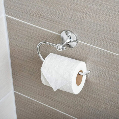 Polished Chrome Toilet Paper Holder With Standard Euro Mount Durable Zinc Alloy Construction 7 Inch Width And One And Three Quarters Inch Projection Supports Up To 11 Lbs Includes Mounting Screws Brackets Drywall Anchors And One Easy Install Kit mounted on a tiled wall.