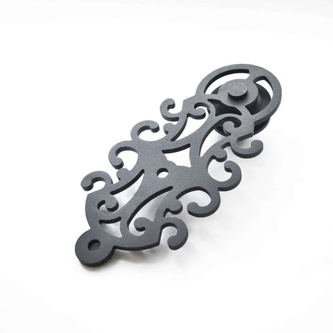 Ornate Cut Roller Black Iron Sliding Barn Hardware Kit For Single Door Hardware Only, close-up of decorative roller