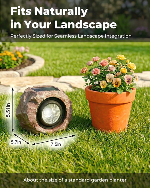 Two Pack Solar Rock Lights Outdoor Adjustable Angle Waterproof LED Garden Pathway Lights next to flower pot
