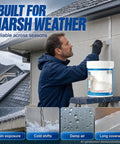 Man applying Heavy Duty Multi Surface Waterproof Sealant Spray on a wall in rainy weather for long-term protection.