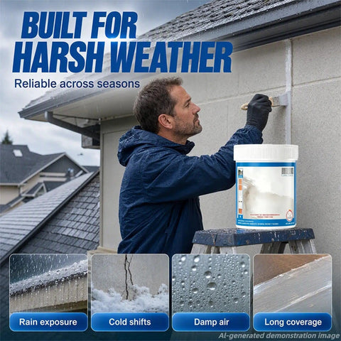 Man applying Heavy Duty Multi Surface Waterproof Sealant Spray on a wall in rainy weather for long-term protection.