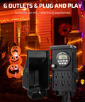 Outdoor Digital Power Strip Timer With 6 Outlets Waterproof Garden Power Stake And 6 Foot Cord Heavy Duty 15A Digital Timer For Lights Yard And Garden against illuminated house with pumpkins