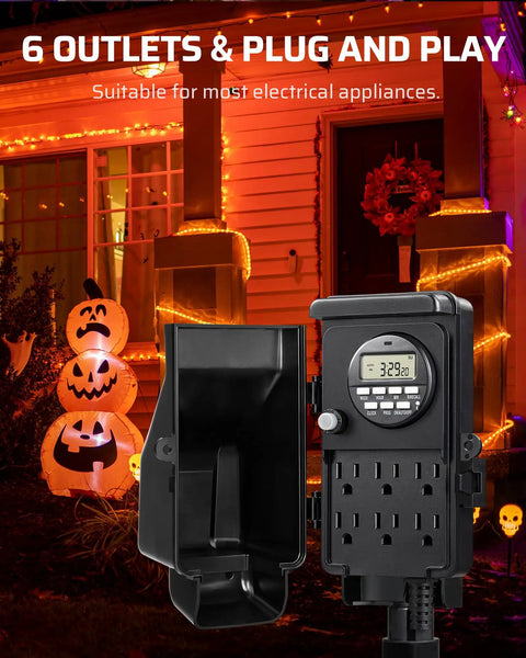 Outdoor Digital Power Strip Timer With 6 Outlets Waterproof Garden Power Stake And 6 Foot Cord Heavy Duty 15A Digital Timer For Lights Yard And Garden against illuminated house with pumpkins