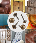 Top Shelf Solid Brass Antique Upholstery Tacks With Realistic Bronze Hue Heavy Duty Furniture And Carpet Thumb Tacks Straight Up Bang For Your Buck Wall Fastener Kit Size Half Inch displayed among rustic furniture and decor.