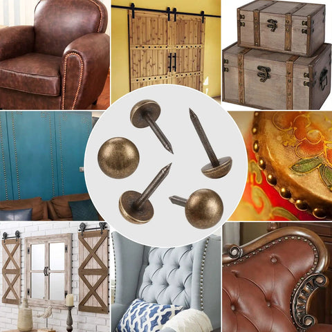 Top Shelf Solid Brass Antique Upholstery Tacks With Realistic Bronze Hue Heavy Duty Furniture And Carpet Thumb Tacks Straight Up Bang For Your Buck Wall Fastener Kit Size Half Inch displayed among rustic furniture and decor.