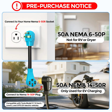 Heavy Duty NEMA 6-50P To 14-50R EV Charger Adapter Cord For Level 2 Charging with 6 Gauge Copper Wire indoors and outdoors.