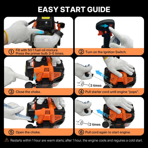 Easy start guide for Beast 52cc Gas Weed Eater 3 In 1 Trimmer Edger Brush Cutter with steps for starting the engine
