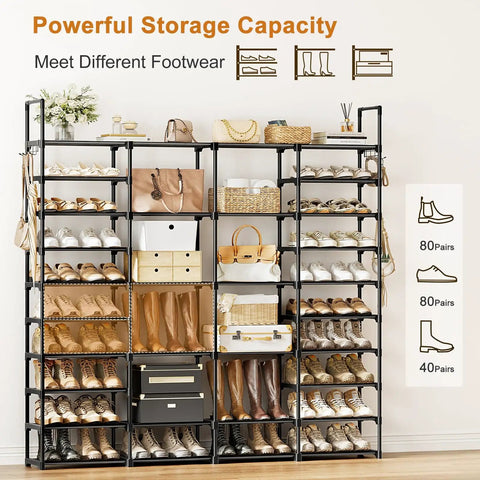Extra Large 4 Row 10 Tiers Metal Shoe Rack Heavy Duty Organizer For Closet Entryway Garage Holds 72 To 80 Pairs Of Kicks Tall Stackable Shoe Shelf Black