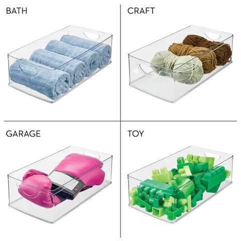 No Sweat Big League Heavy Duty Clear Stackable Extra Long Plastic Storage Bin for organizing bath towels, craft yarn, garage gear, and toys.