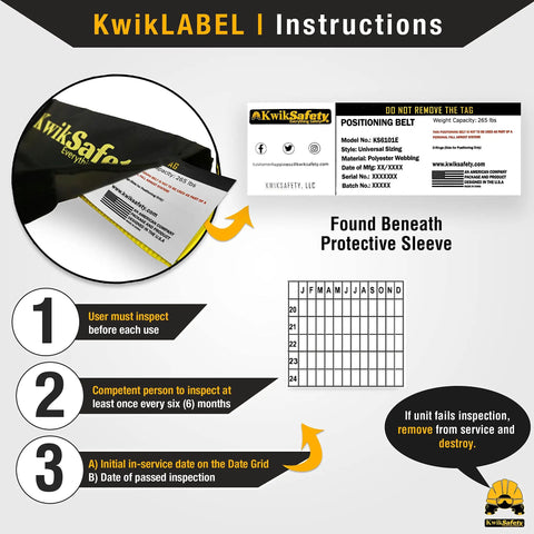 KwikLABEL instructions for positioning belt inspection with safety guidelines and date grid for Beaver Tail Safety Belt Kit.