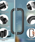 Heavy Duty Eight Inch Center To Center Shower Door Handle In Sleek Matte Black Finish Solid 304 Stainless Steel with soft rubber gaskets.