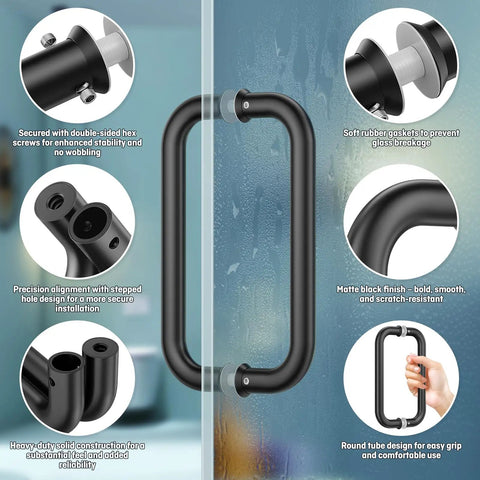 Heavy Duty Eight Inch Center To Center Shower Door Handle In Sleek Matte Black Finish Solid 304 Stainless Steel with soft rubber gaskets.