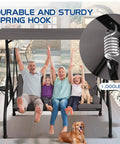 Family using Three Seat Patio Swing With Adjustable Canopy And Stand Heavy Duty Outdoor Porch Glider Bench With Cushions on patio
