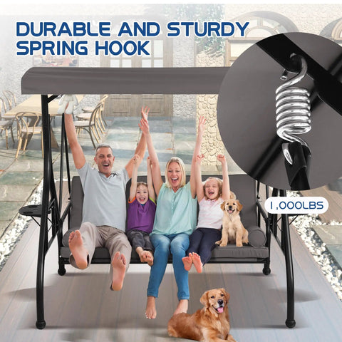 Family using Three Seat Patio Swing With Adjustable Canopy And Stand Heavy Duty Outdoor Porch Glider Bench With Cushions on patio
