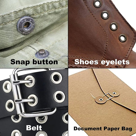 Different applications of eyelets and grommets using Heavy Duty Hand Press Eyelet Grommet Kit With Three Interchangeable Dies.