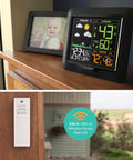 Wireless Color Forecast Station With Indoor And Outdoor Temperature Humidity And Colorized Forecast Icons Audio Alerts Max Min History With Time And Date Heat Index And Dew Point View Easy Read Display For Your Home Weather Setup showing display and sensor