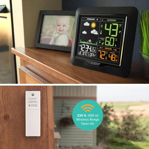 Wireless Color Forecast Station With Indoor And Outdoor Temperature Humidity And Colorized Forecast Icons Audio Alerts Max Min History With Time And Date Heat Index And Dew Point View Easy Read Display For Your Home Weather Setup showing display and sensor