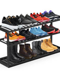 3 Tier Bamboo Shoe Rack Organizer 32.5 Inch Long Holds 9-15 Pairs Stackable Foldable Black For Entryway Hallway Bedroom Garage