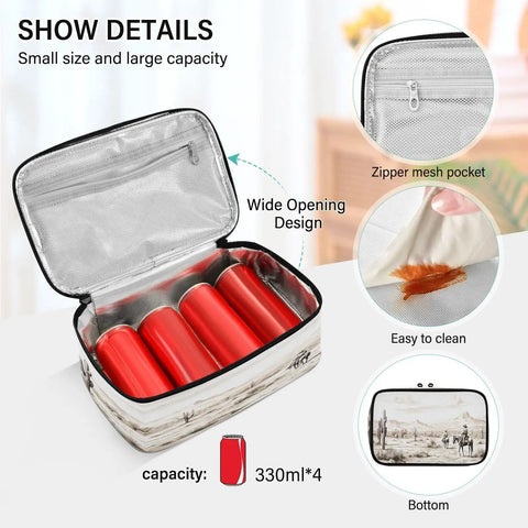Open Grab And Go Desert Cowboys Insulated Lunch Bag With Leakproof Cooler showing wide opening and zippered mesh pocket
