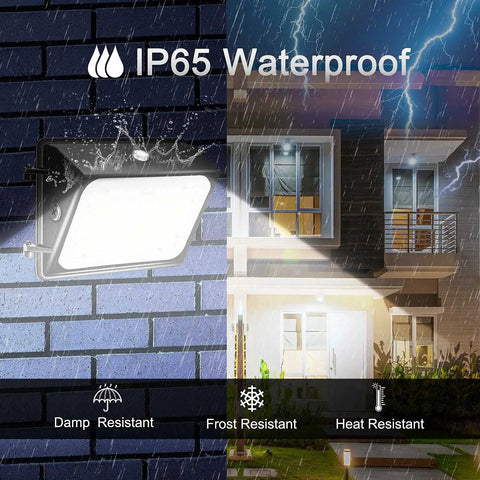 LED wall pack light illuminating a building in rain, showing 120W LED Wall Pack Light With Dusk To Dawn Photocell IP65.