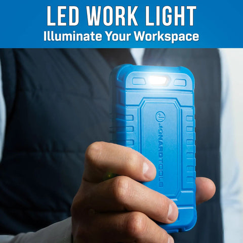 Person holding blue LED work light for illuminating workspace
