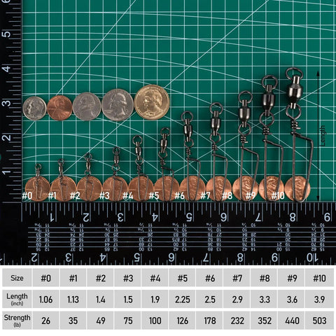 20 Pack Ball Bearing Fishing Snap Swivels For Saltwater And Freshwater Tackle with ruler showing sizes against coins for scale.