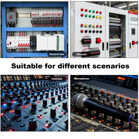 Ultra Compact Mini Micro Slide Switch Kit displayed in control box, chassis, console, and microphone panels for tech setups.