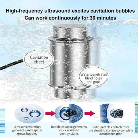 Heavy Duty 40kHz Ultrasonic Cleanser With Digital Screen And Drop Dead Simple One Button Auto Shut Off To Blast Grime From Jewelry Glasses Small Parts Plus Fresh Produce Wash in action showing cavitation effect.