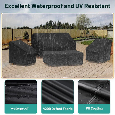 4 Piece Patio Furniture Cover Set Waterproof Outdoor Sofa 2 Chair Covers And Coffee Table Cover With Windproof Buckle Straps And Adjustable Drawstrings Black on a patio with rain exposure