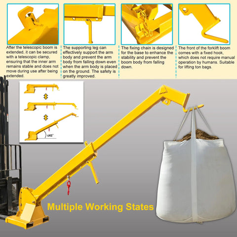 Built Like A Tank Forklift Telescopic Boom 3 Ton 12.8 Ft Extension Rack lifting a bag with fixed hook showing multiple working angles.