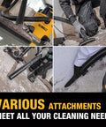 Heavy Duty Silent Beast Mode Five Gallon Wet Dry Shop Vacuum With Stealth Sonic Tech and Powerful Suction for different surface attachments.