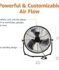 20 Inch High Velocity Industrial Floor Fan With 3 Speeds Tilt Head Metal Housing And Blades For Garage Gym Warehouse 125W Black ETL Listed Safety For Large Indoor Areas And Heavy Duty Use, shown in front view with measurement details and airflow text