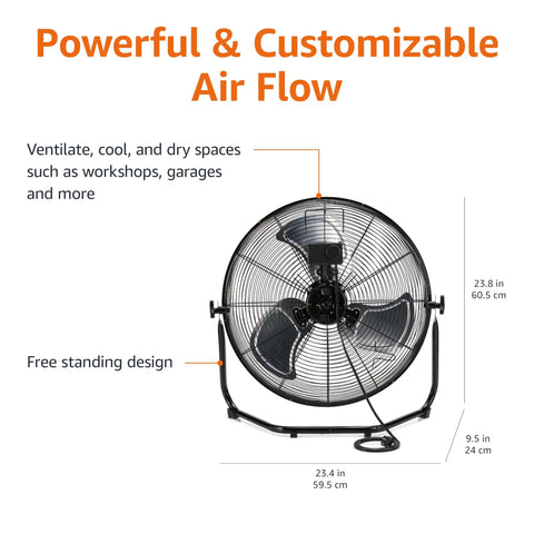 20 Inch High Velocity Industrial Floor Fan With 3 Speeds Tilt Head Metal Housing And Blades For Garage Gym Warehouse 125W Black ETL Listed Safety For Large Indoor Areas And Heavy Duty Use, shown in front view with measurement details and airflow text