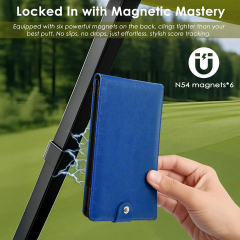 Magnetic Golf Scorecard Holder With Premium Leather All In One Design Blue Slim Back Pocket Carry Universal Fit for secure attachment
