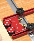 CNC Machined Aluminum Alloy Double Wheel Bearing Roller features wide nonskid rubber wheels on router table for precise wood tracking.