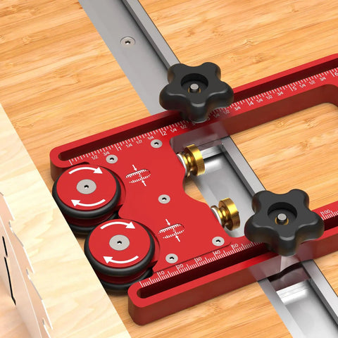CNC Machined Aluminum Alloy Double Wheel Bearing Roller features wide nonskid rubber wheels on router table for precise wood tracking.