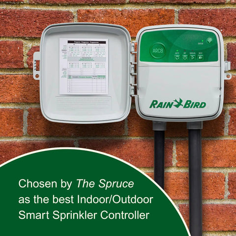 8 Zone Smart WiFi Sprinkler Timer For Indoor And Outdoor Use You Control From The App With Alexa Compatibility WaterSense Certified ARC8 Model mounted on brick wall