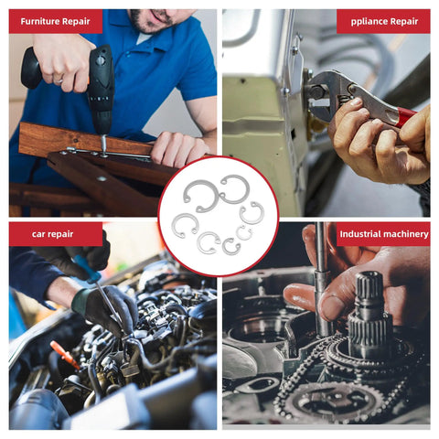 Internal Snap Ring Kit 315 Pieces 7 Size M8 to M20 E Clip Assortment for grooved shafts and studs in multiple repair scenarios.