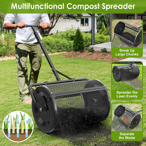 24 Inch Compost And Top Dressing Spreader For Lawns With Peat Moss Capabilities, Adjustable Height, Ideal For Large Yards