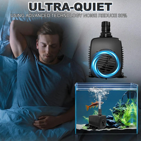 25W Submersible Fountain Pump With 10Ft Cable And Tubing, 400GPH Flow next to a sleeping man and aquarium display