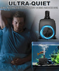 60W Submersible Fountain Pump displayed with aquarium setup, showing ultra-quiet feature for fountains and hydroponics.