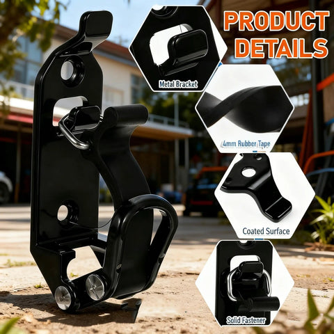 Heavy Duty Stainless Steel Shovel And Axe Holder Mount for Pickup Truck Bed detail with metal bracket and rubber tape, black finish.