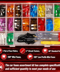 Solid 306 Piece Car Fuse Assortment Kit With Tester And Pullers Loaded With Mini Standard And Low Profile Blades 2A To 35A, organized plastic case.