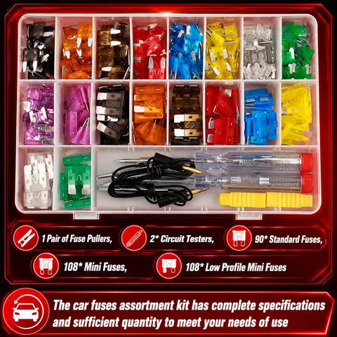 Solid 306 Piece Car Fuse Assortment Kit With Tester And Pullers Loaded With Mini Standard And Low Profile Blades 2A To 35A, organized plastic case.